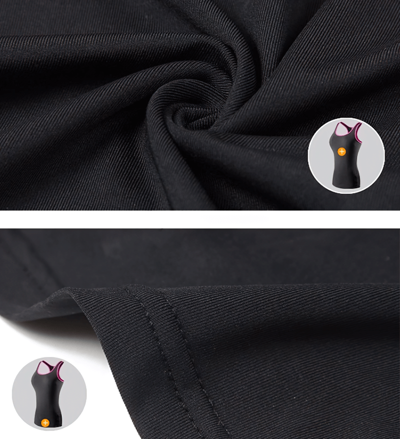 Close-up of black elastic women's tank top fabric, showcasing breathable polyester, ideal for gym workouts. Product code: SF0082.